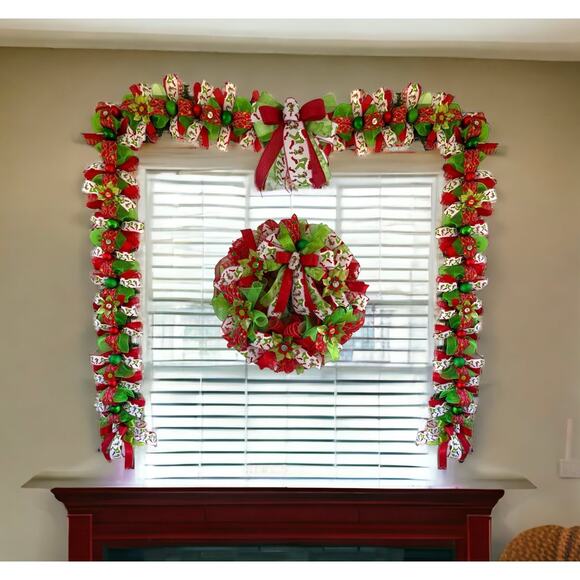 Grinch Christmas Garland Handmade, Red Green Holiday Mesh Ribbon Garland + Bows - Picture 6 of 10